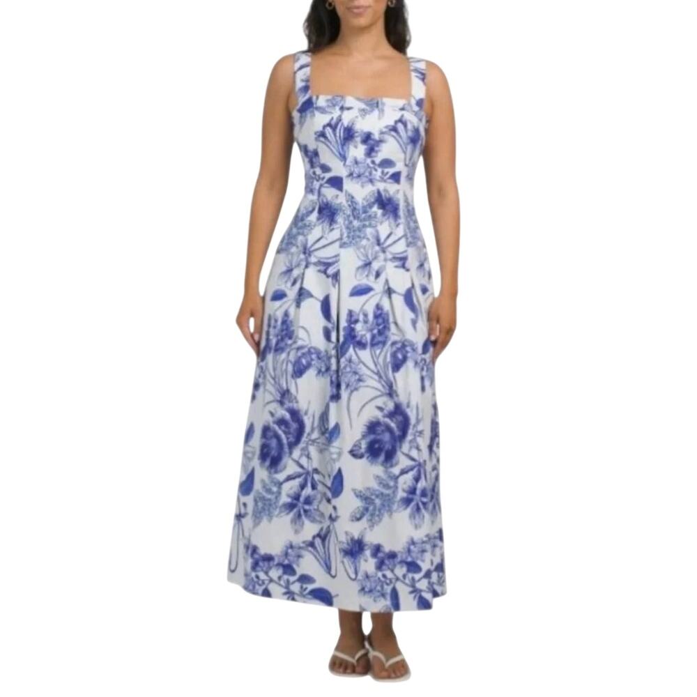 Avec Les Filles cottagecore Blue & White floral Toile Corset Maxi Dress size 10